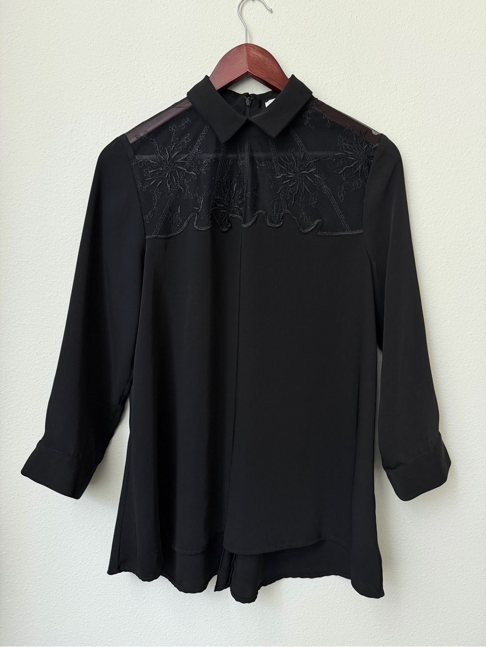Anne Fontaine Sirena Black Lace 3/4 Sleeve Puff Shoulder Tunic Blouse Size US 6